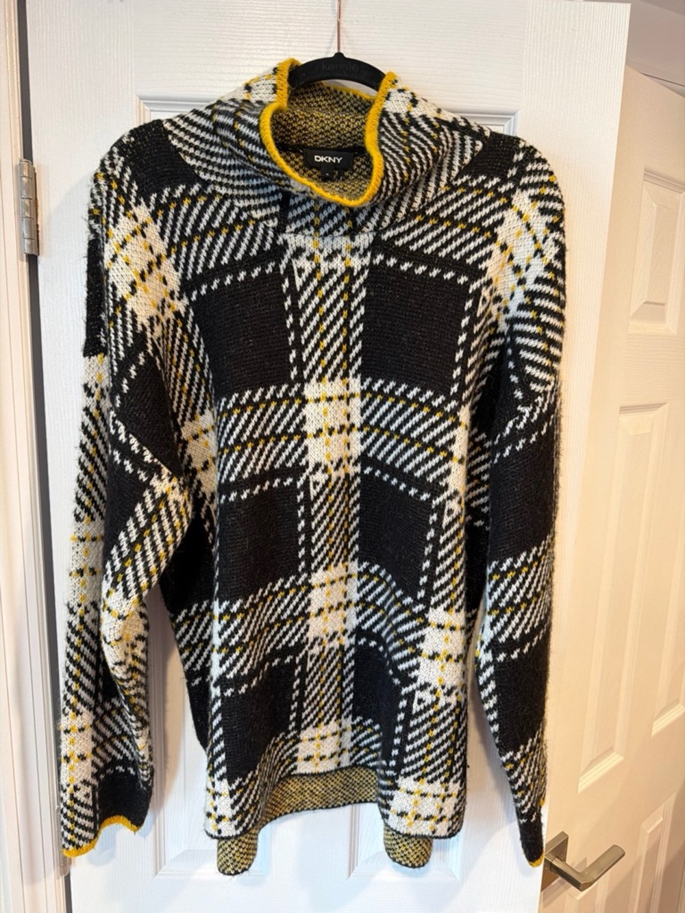DKNY  Black & White Plaid Sweater with Yellow Trim